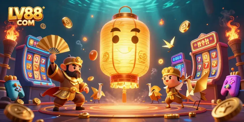 Experience the thrilling magic of LV88 COM in this vibrant casino scene filled with lucky symbols and spirits.