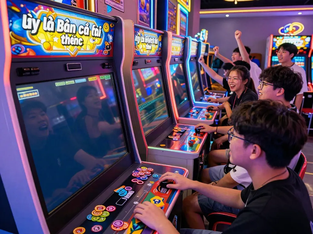 Excited players engaged in the arcade game lại là Bắn cá đổi thưởng, showcasing dynamic gaming atmosphere.