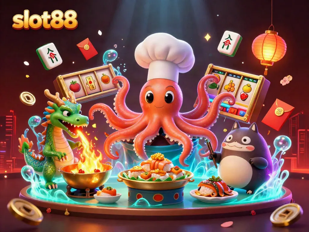 Slot88 merayakan keberuntungan dengan koki sushi, naga hijau, dan pelanggan, dalam suasana kasino yang meriah.