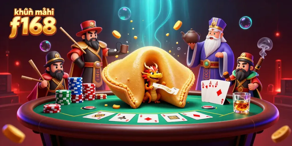 Engage with khuyến mãi f168 in a vibrant 3D scene featuring a golden fortune cookie, dragon, poker elements, and lively decorations.