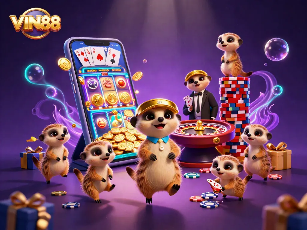 Experience thrilling action with VIN88 as meerkats run an exciting casino operation amidst vibrant game elements.