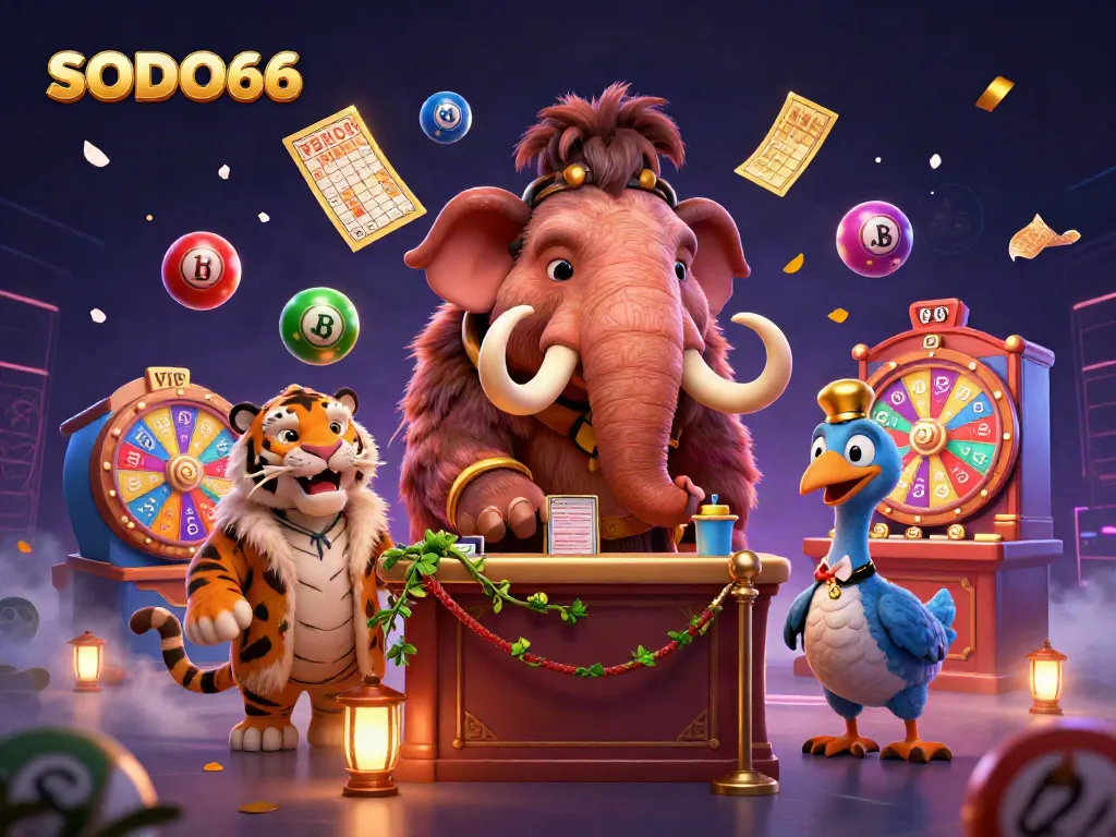 Engaging SODO66 casino scene with a woolly mammoth bouncer checking IDs amidst vibrant gaming elements.