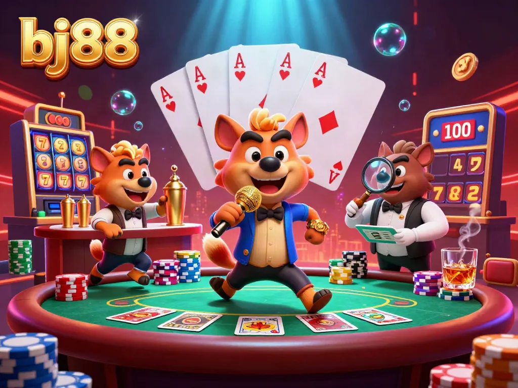 Experience the excitement of bj88 at this dynamic casino scene filled with animated hyenas.