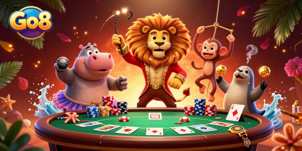 Engage in thrilling gameplay with Go8's vibrant 3D casino scene featuring unique characters and poker elements.
