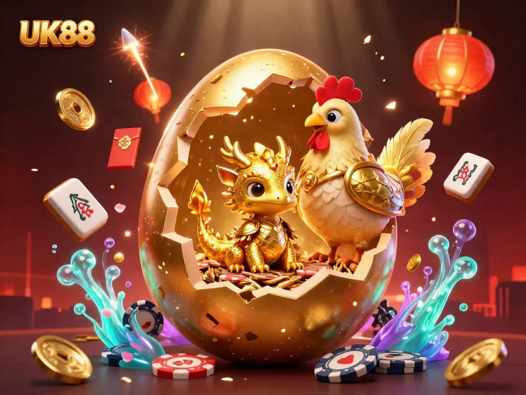 Engage with UK88's exciting gaming atmosphere featuring golden dragon, poker chips, and festive elements.