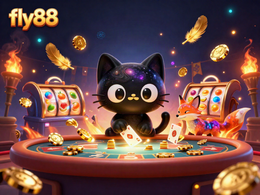 Experience fly88's cosmic gameplay with a black hole cat and nebula fox in a vibrant casino.
