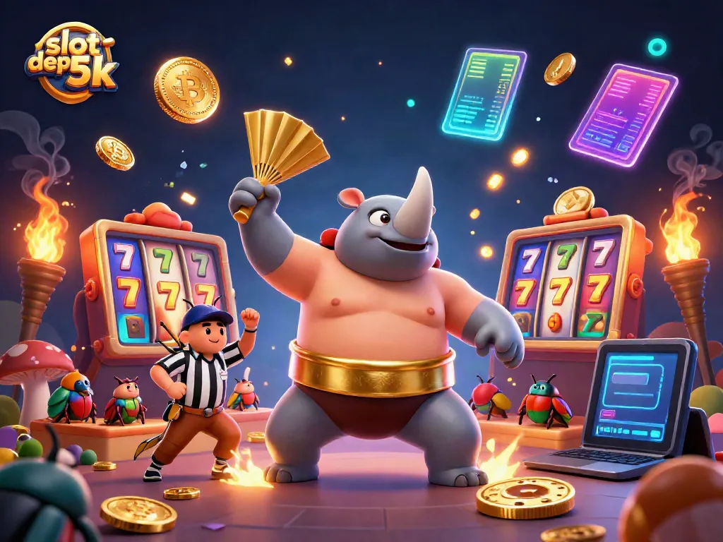 Experience the thrill of slot depo 5k with vibrant characters, golden coins, and spinning reels in a dynamic casino scene.
