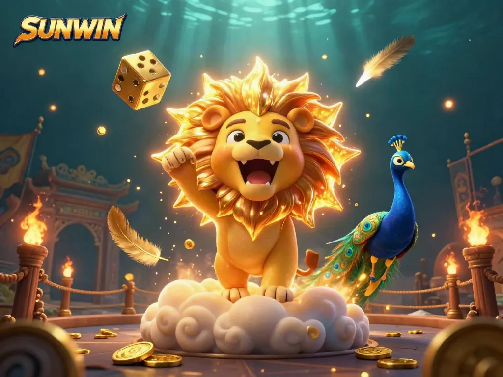 SUNWIN casino illustration showing a roaring sun lion and golden dice with vibrant game elements.