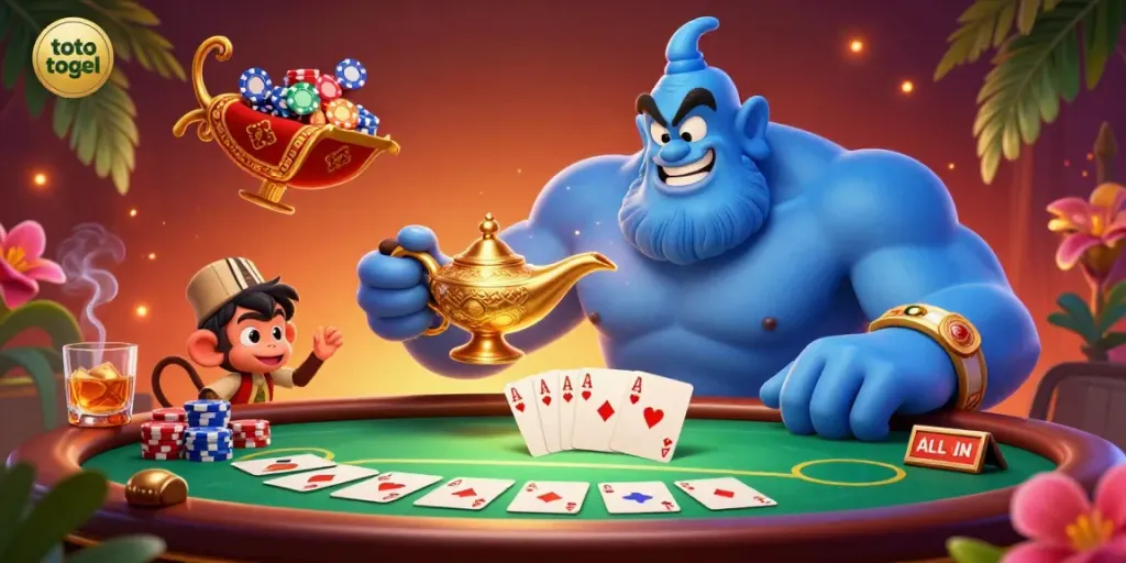 Engage in toto togel with a magical casino scene featuring a genie, poker chips, and vibrant gaming elements.