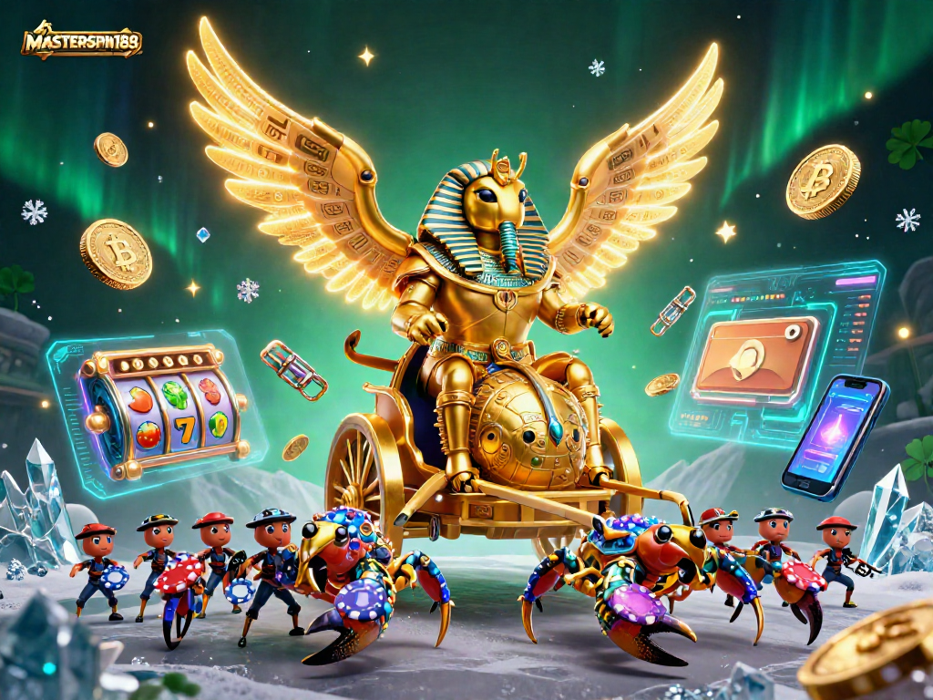 Experience the excitement of MASTERSPIN188 as the golden scarab commands a slot chariot amidst crypto treasures.