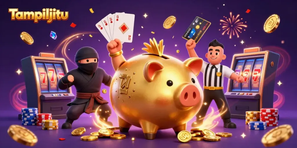 Tampiljitu slot gaming scene featuring a golden piggy bank, ninja, and samurai amidst flowing coins and cards.