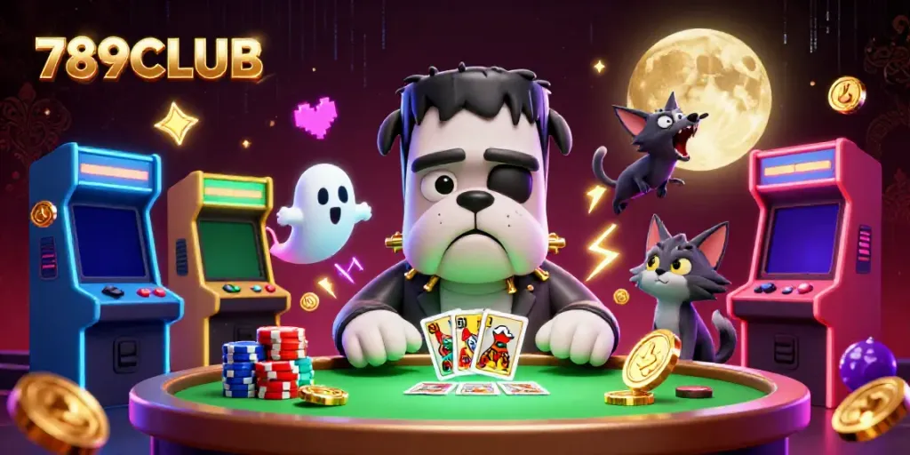 Experience thrilling games at 789CLUB with a cartoon Frankenstein bulldog dealer and ghostly elements.