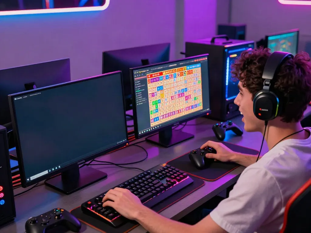 Excited gamer engaging in togel online with vibrant results displayed on multiple screens.