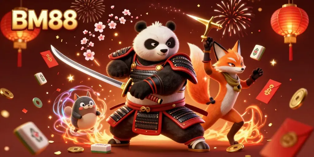Engage with the vibrant BM88 casino scene featuring a dynamic samurai panda and fiery game elements.