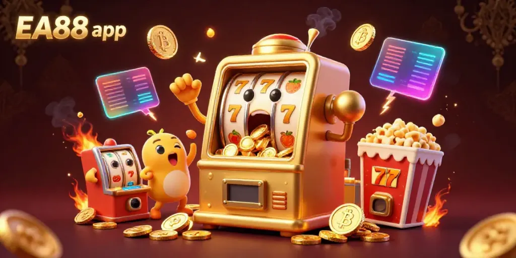 Experience the excitement of the EA88 app with a lively 3D scene showcasing a golden slot machine celebrating its jackpot.