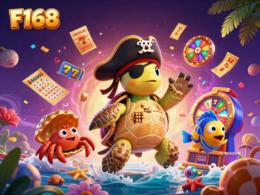 Experience the excitement of F168 with a vibrant 3D pirate theme featuring playful characters and dynamic casino elements.