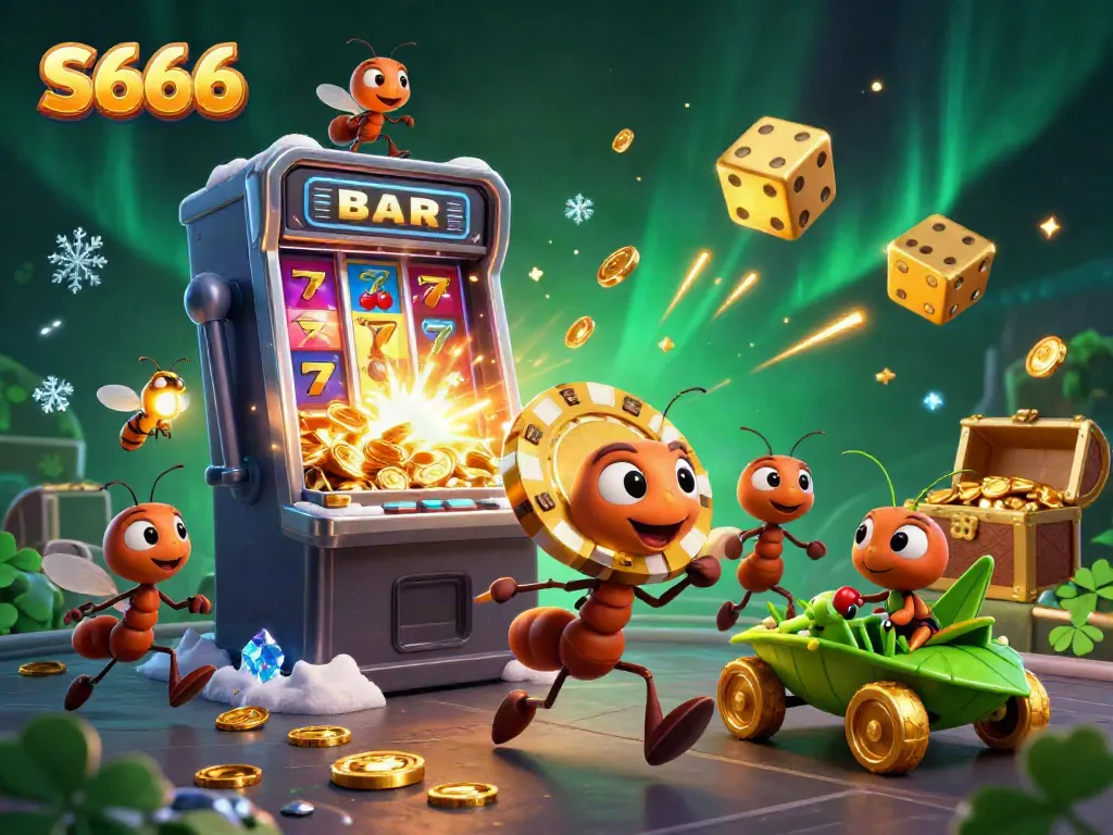 Experience thrilling action in S666 as ants carry a giant poker chip in a vibrant 3D casino adventure.