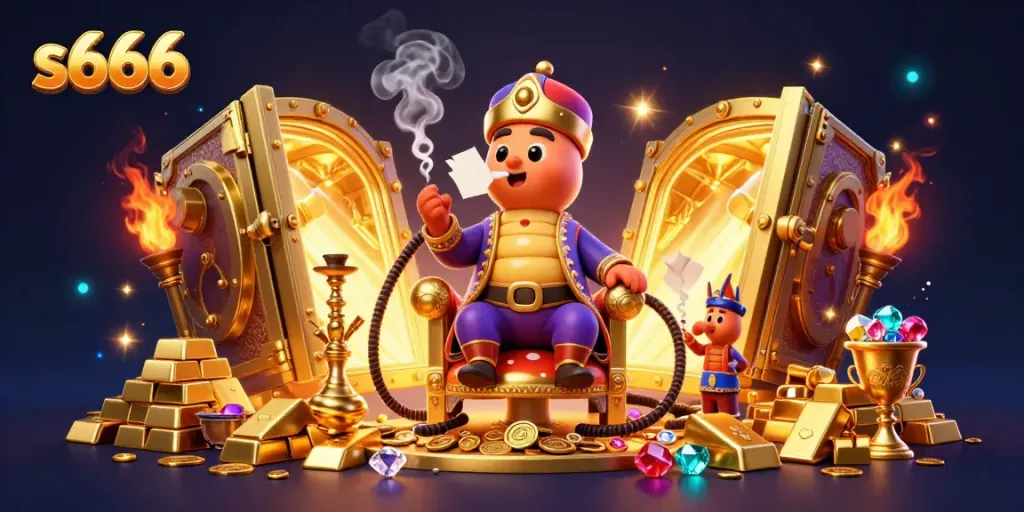 S666 Casino illustration showcasing an enormous caterpillar themed around poker, with vibrant gold elements and dramatic lighting.