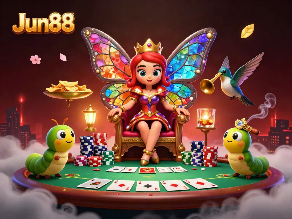 Join Jun88 at the vibrant casino scene with butterfly queen and colorful poker elements.