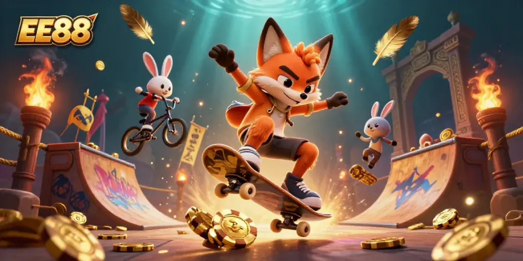 Experience the thrill of EE88 with a cartoon fox and rabbit showcasing vibrant casino energy and action.