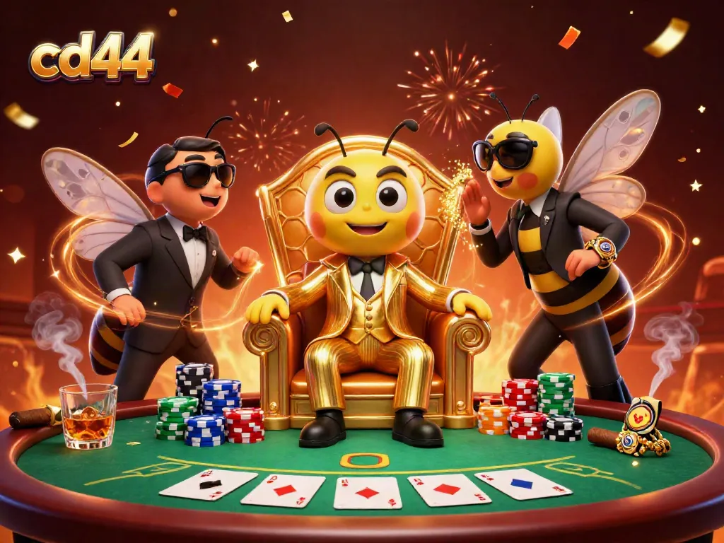 A 3D bumblebee mob boss and his subjects celebrate a high-stakes poker game in a lavish honeycomb setting, demonstrating cd44 themed richness.