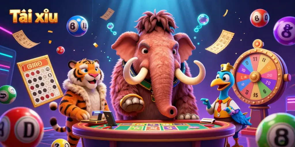 Tài xỉu scene featuring casino characters interacting with vibrant game elements, showcasing an engaging gambling atmosphere.