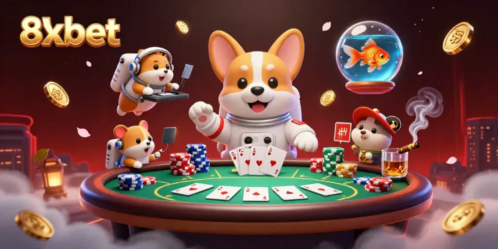 Engage with 8xbet's vibrant space casino, featuring a corgi astronaut, poker elements, and dynamic visuals.