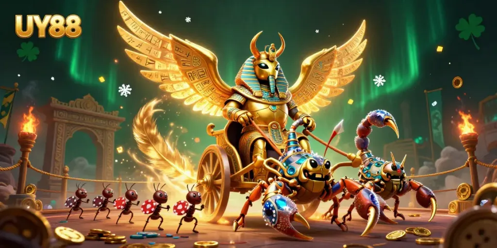 Experience UY88's lively action with a golden scarab beetle and joyful gambling elements.