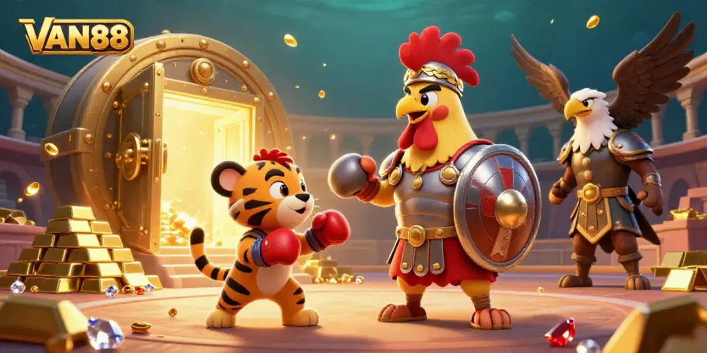 Experience the thrill of VAN88 with an exciting scene of a gladiator rooster and tiger cub sparring in a lively casino setting.