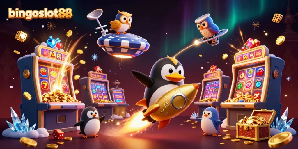 Beralih ke keseruan bingoslot88 dengan roket penguin emas dan mesin slot jackpot yang mengesankan