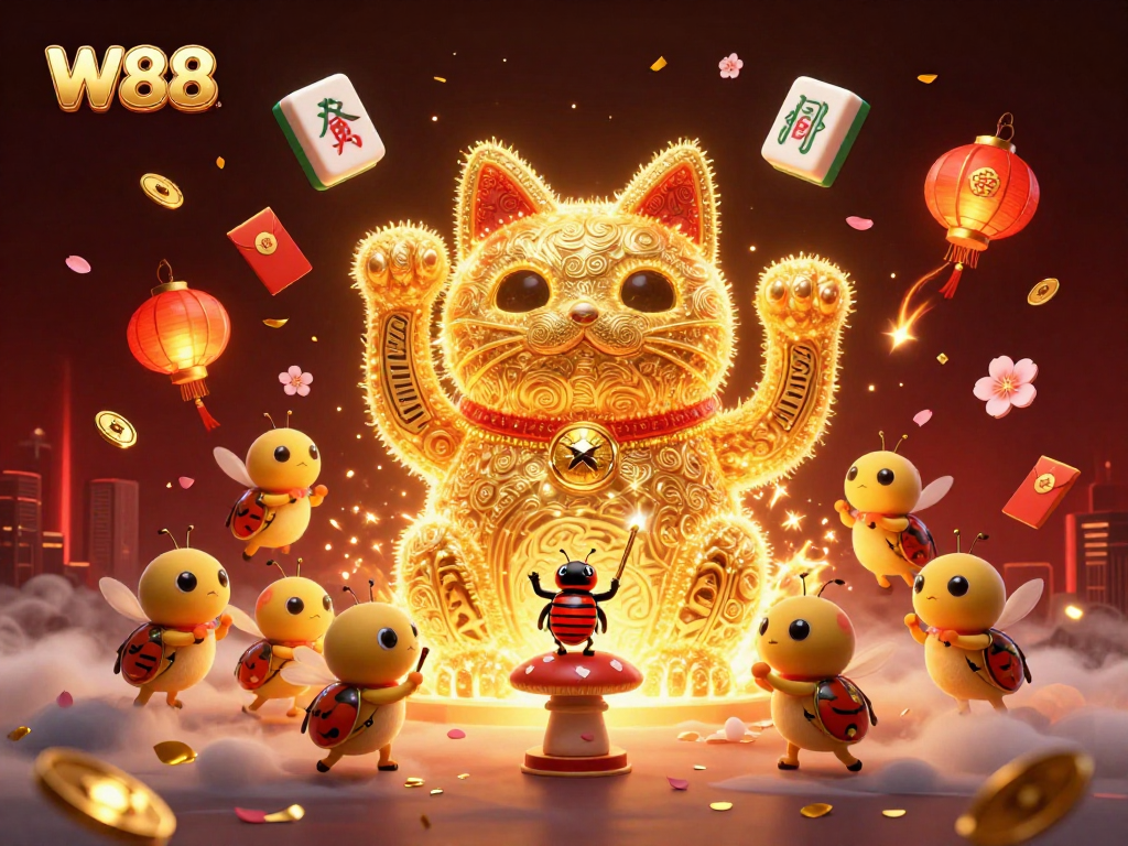 W88 presents a lucky cat formed by fireflies amidst festive casino elements and vibrant symbols.