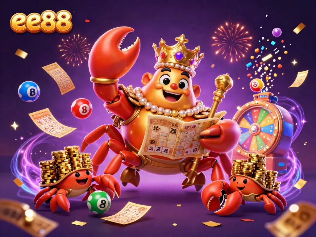 Join the excitement at ee88 with a golden crab emperor and festive gambling elements.