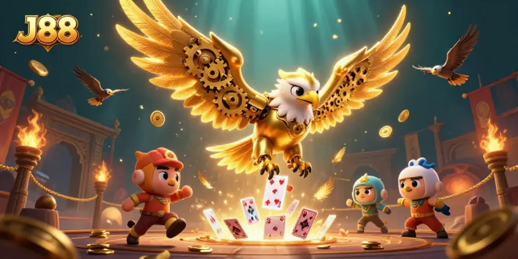 Experience thrilling gameplay with J88 in a vibrant, dynamic 3D illustration featuring a golden eagle