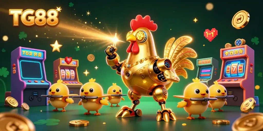 Experience thrilling gaming at TG88 with a futuristic rooster robot and arcade elements.