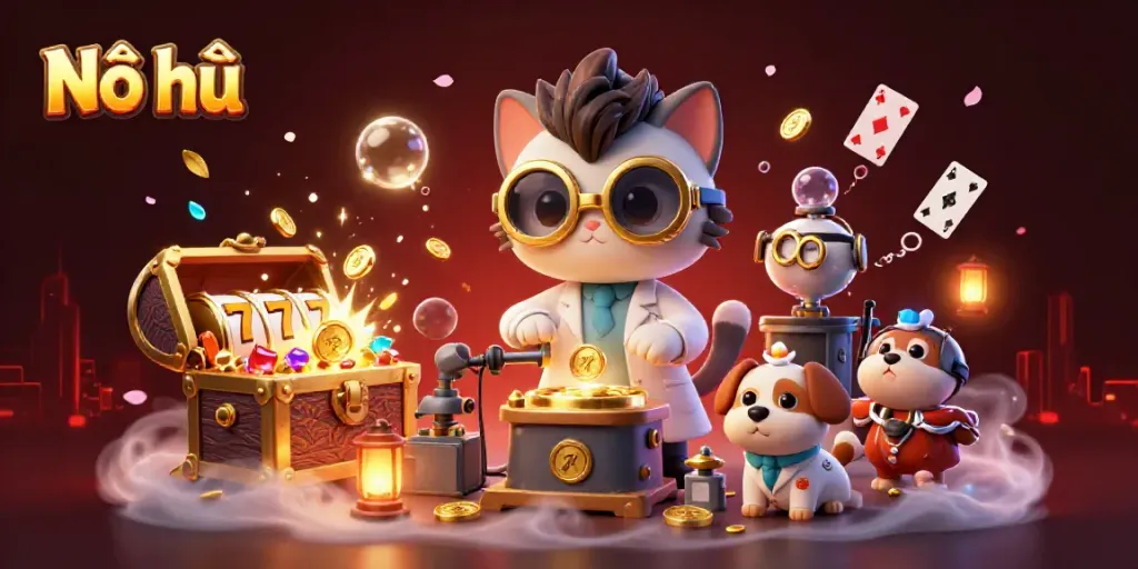 Nổ hũ experience amplified with a mad scientist cat and dog in a vibrant casino setting, creating luck and fortune.