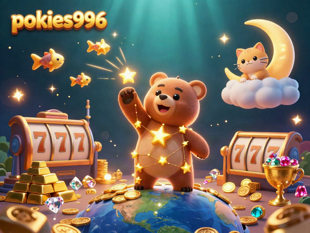 Experience the magic of pokies996 with a vibrant, cinematic 3D illustration of a constellation bear and treasure.