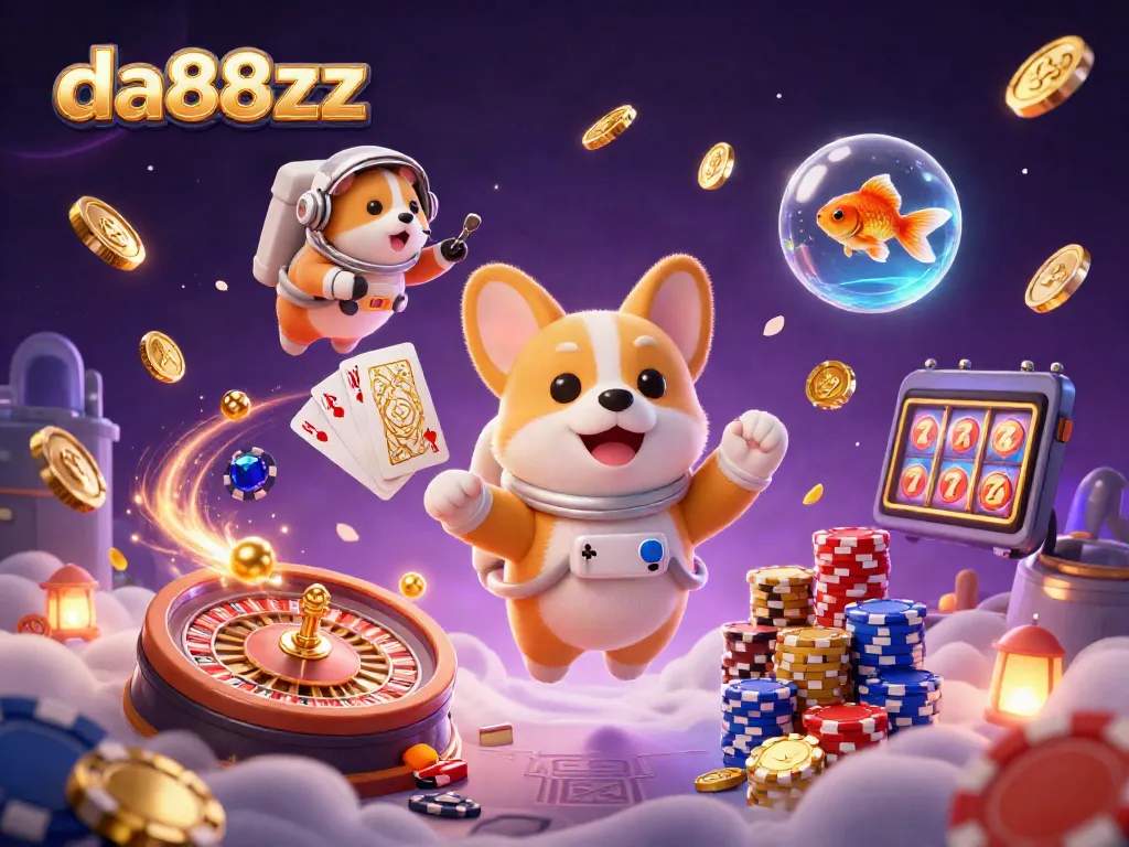 Experience thrilling gameplay with da88zz as a cartoon astronaut corgi plays in a vibrant casino.