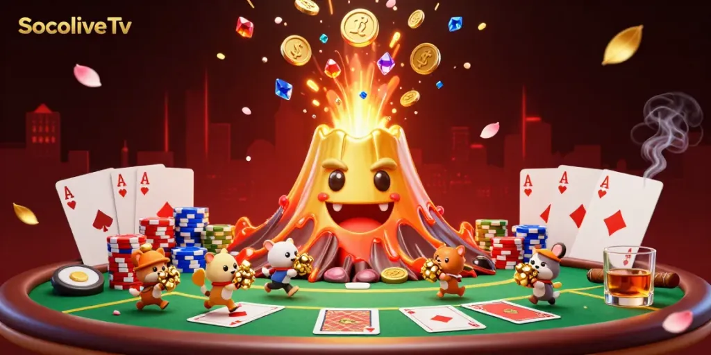 Engage with SocoliveTv's lively atmosphere featuring a triumphant golden volcano erupting coins and poker elements.