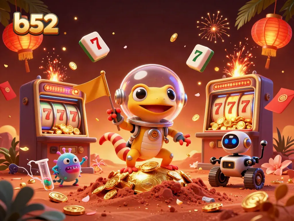 Experience the thrilling bounty of b52 with a Martian gecko discovering a golden casino under red Mars sand.
