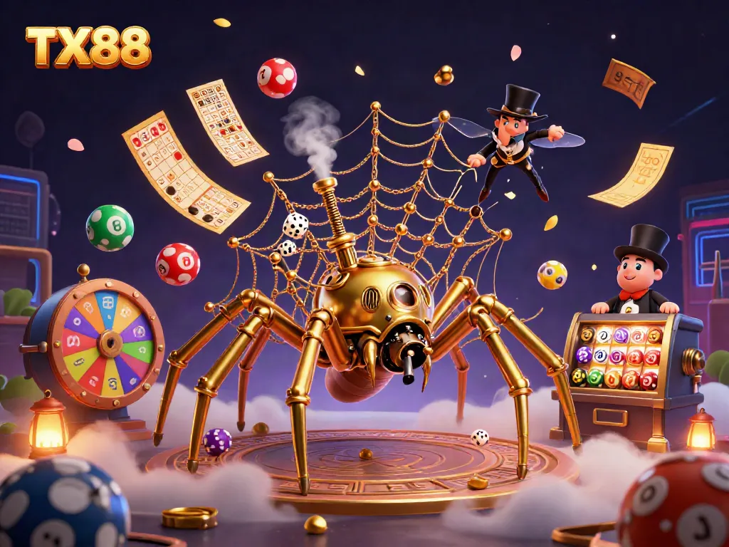 Experience thrilling gameplay at TX88 with a dynamic gambling scene featuring a whimsical spider and vibrant elements.