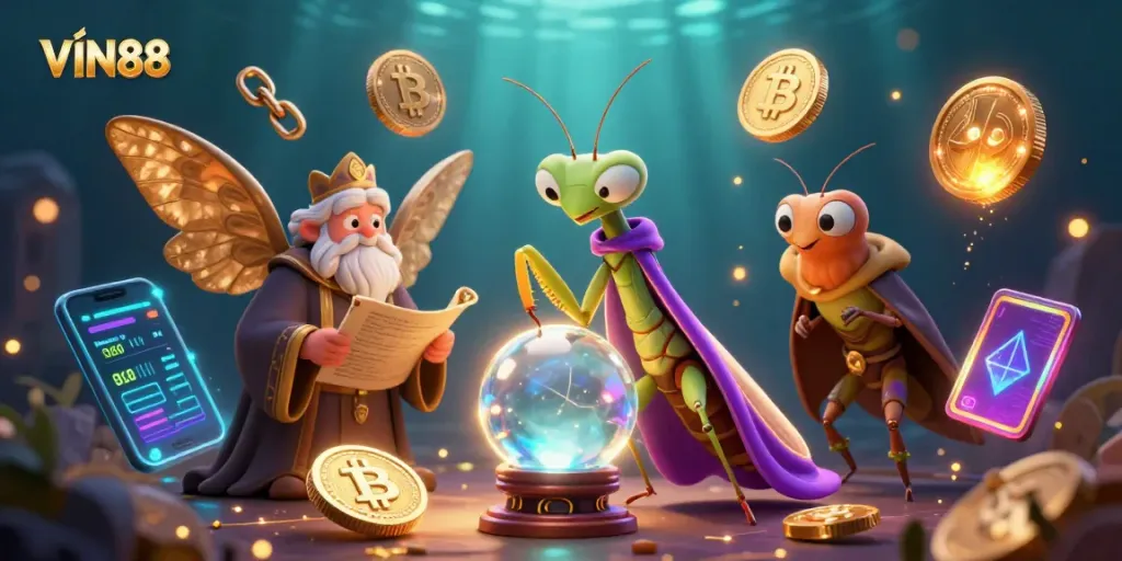 VIN88 players experience thrilling casino games surrounded by 3D visuals and firefly oracles.