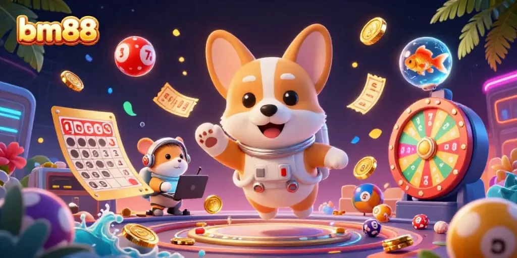 Experience exciting gaming at bm88 with a corgi astronaut and casino elements floating in space.