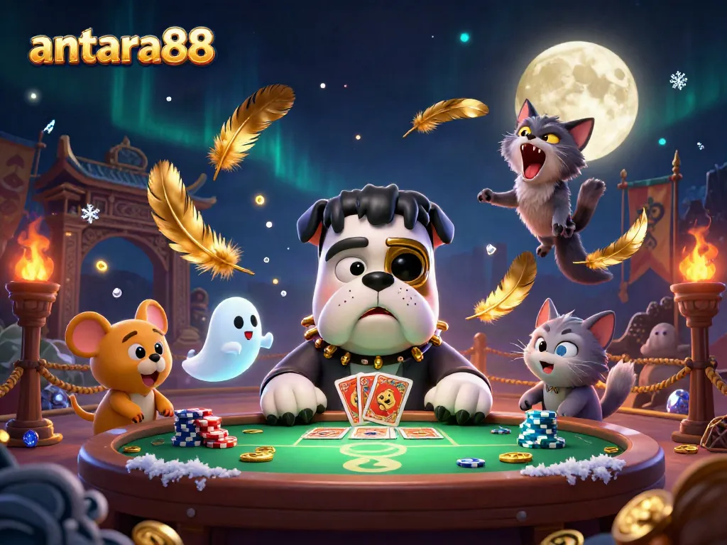 Experience captivating gaming with antara88 featuring whimsical characters at a vibrant casino scene.