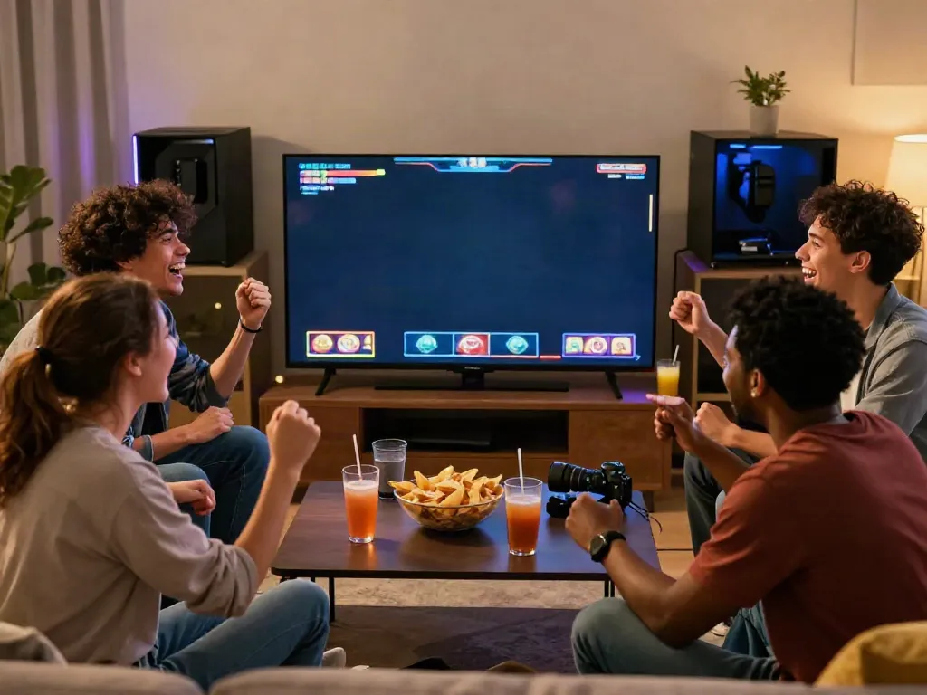 Group of friends celebrating their wins on slot gacor games in a cozy living room.
