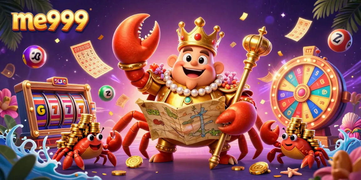 Experience thrilling gaming with me999 featuring a golden crab emperor in a vibrant casino scene.