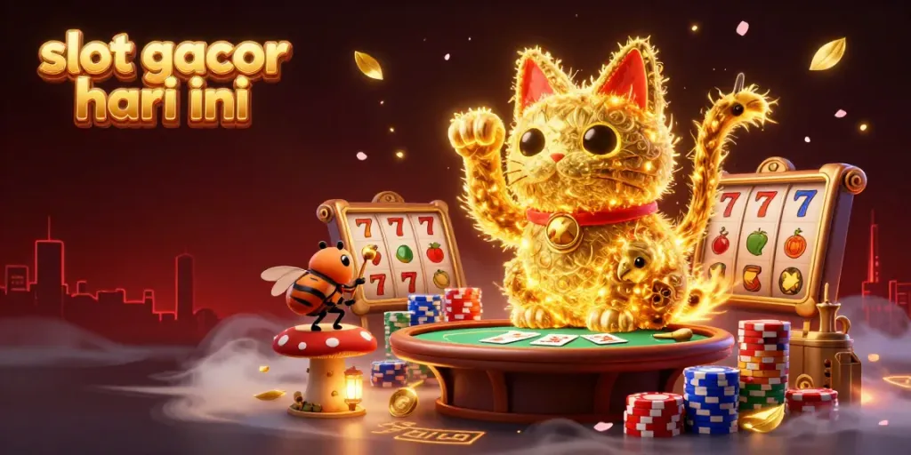 Engage with slot gacor hari ini in a vibrant 3D scene of a lucky cat and casino elements.
