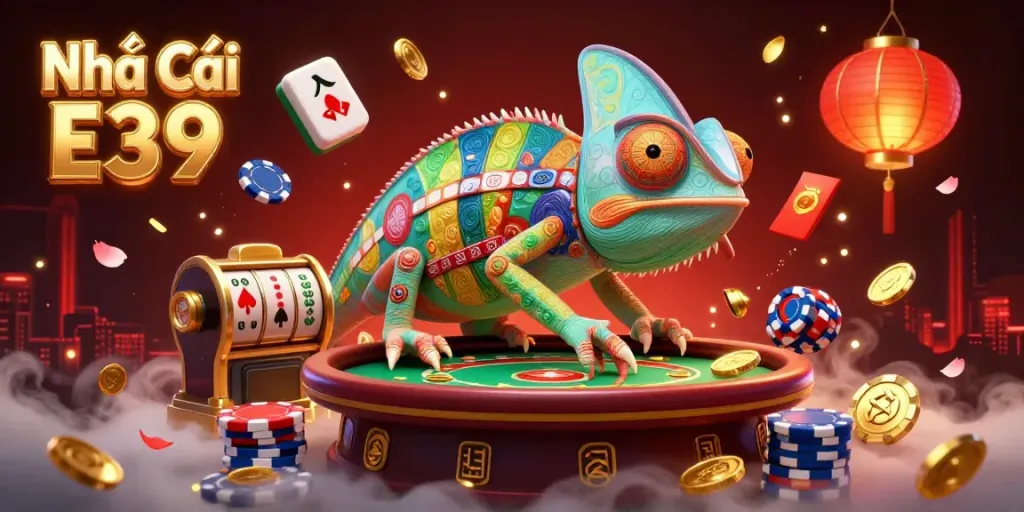 Join the excitement at Nhà Cái E39 with thrilling games and colorful casino elements including poker chips and gold coins.