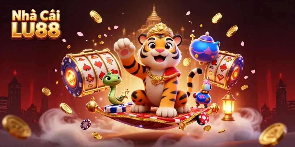 Experience the magic of Nhà Cái LU88 with an enchanting 3D illustration of a tiger sultan and slot machines.