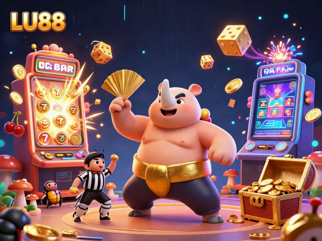 LU88's epic jackpot celebration with a sumo beetle champion surrounded by slot machines and golden coins.