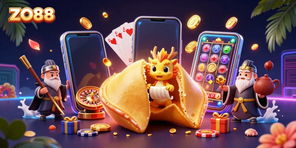 Engage in winning strategies with ZO88, featuring a giant golden fortune cookie and rich gaming elements.